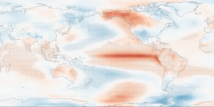 Global map of temperature in El Ni&ntilde;o years minus climatology: warm along the equatorial eastern Pacific and over Alaska and western Canada, dotted where significant