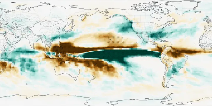 Global map of December&ndash;February precipitation fitted for a very strong El Ni&ntilde;o: much wetter over the central and eastern equatorial Pacific, drier over Indonesia, northern Australia and the western Pacific